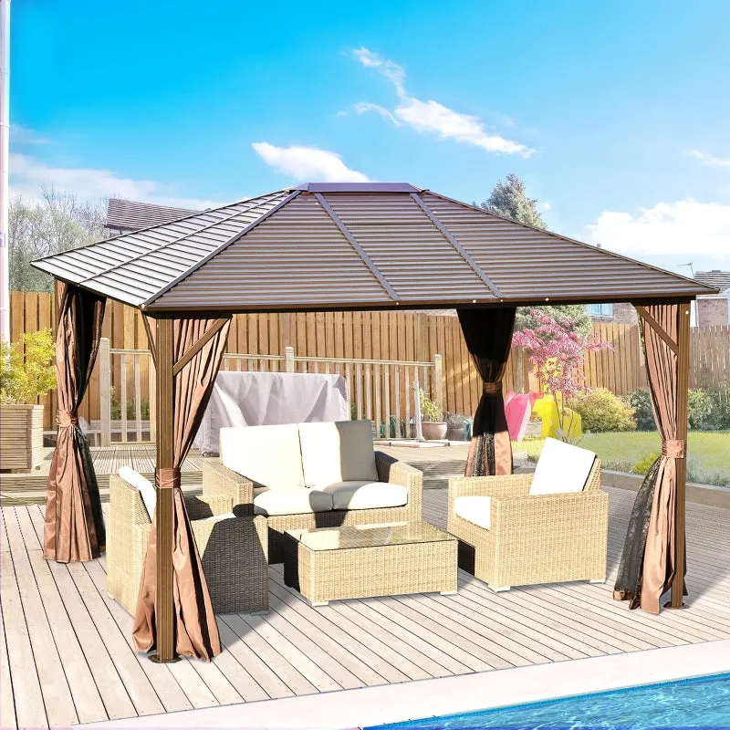 12x10 ft Steel Hardtop Patio Gazebo with Curtains and Mesh Net