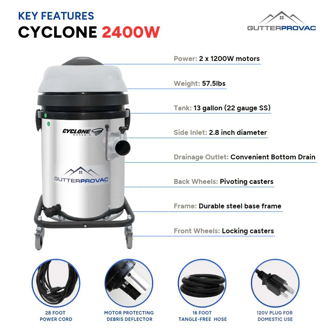 13 Gallon Cyclone 2400W Stainless Steel Domestic Gutter Vacuum with 28 Foot Aluminum Gutter Poles, and Bag