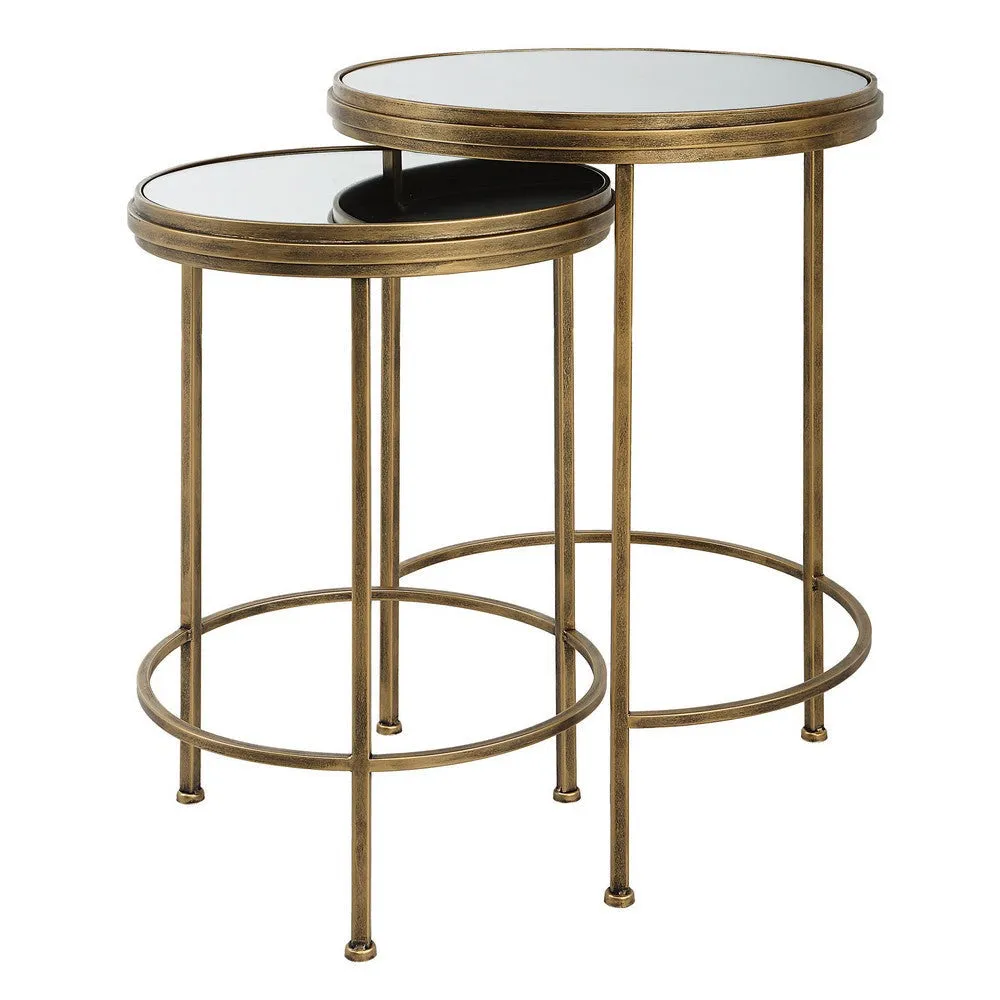 15, 18 Inch Set of 2 Nesting Accent Tables with Mirrored Tops, Modern, Gold By Casagear Home