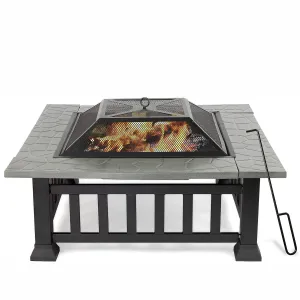 32 Inch Square Fire Pit Table with Wood-Burning Grill, Poker, Lid, and Rain Cover