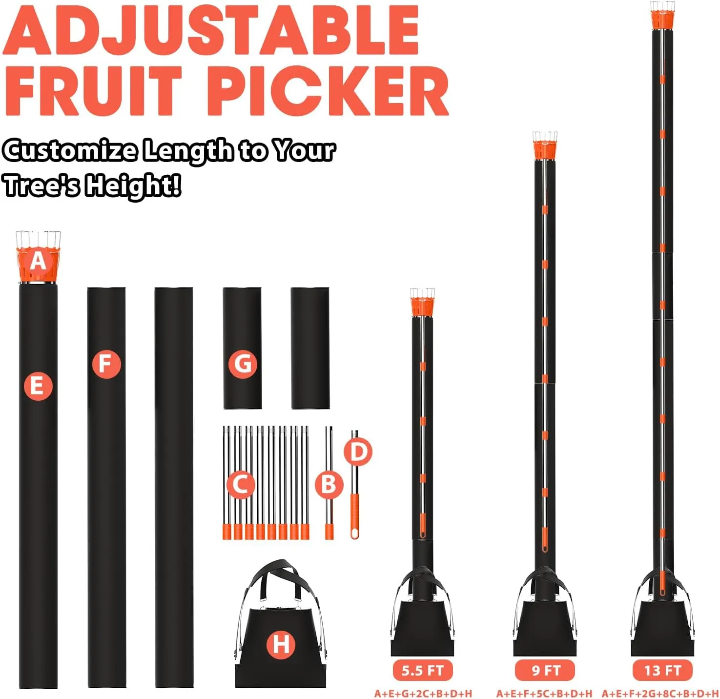 Fruit Picker Pole with Harvest Bag - Up to 13FT Adjustable