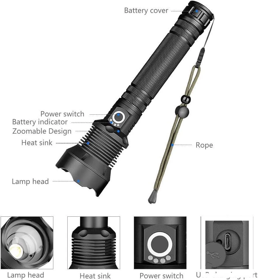 High Lumen LED Rechargeable Super Bright Torch Flashlight-27CM