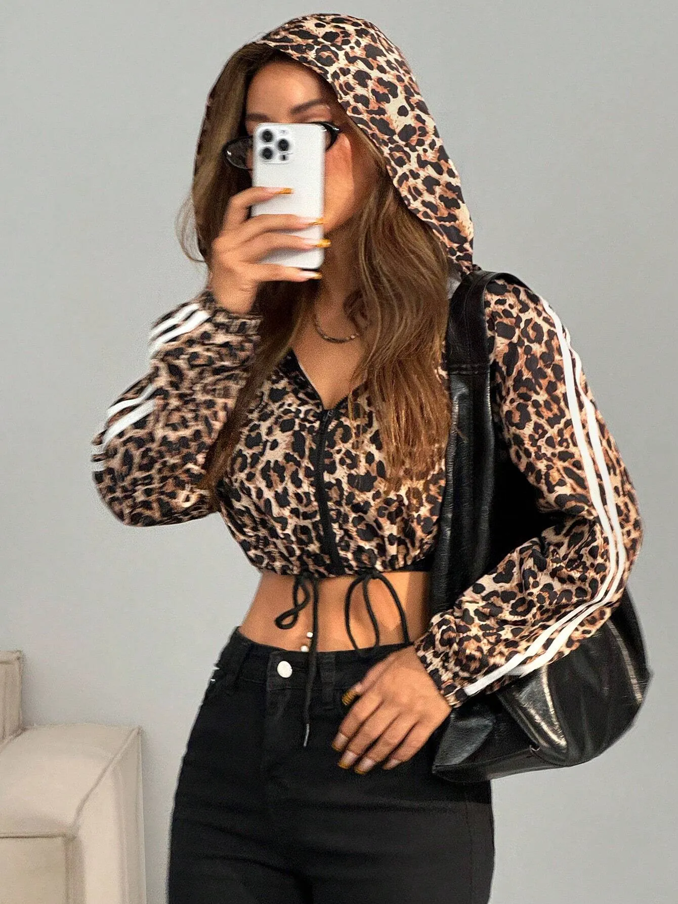 Leopard Print Drawstring Hem Windproof Hooded Jacket FW24