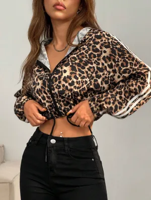 Leopard Print Drawstring Hem Windproof Hooded Jacket FW24