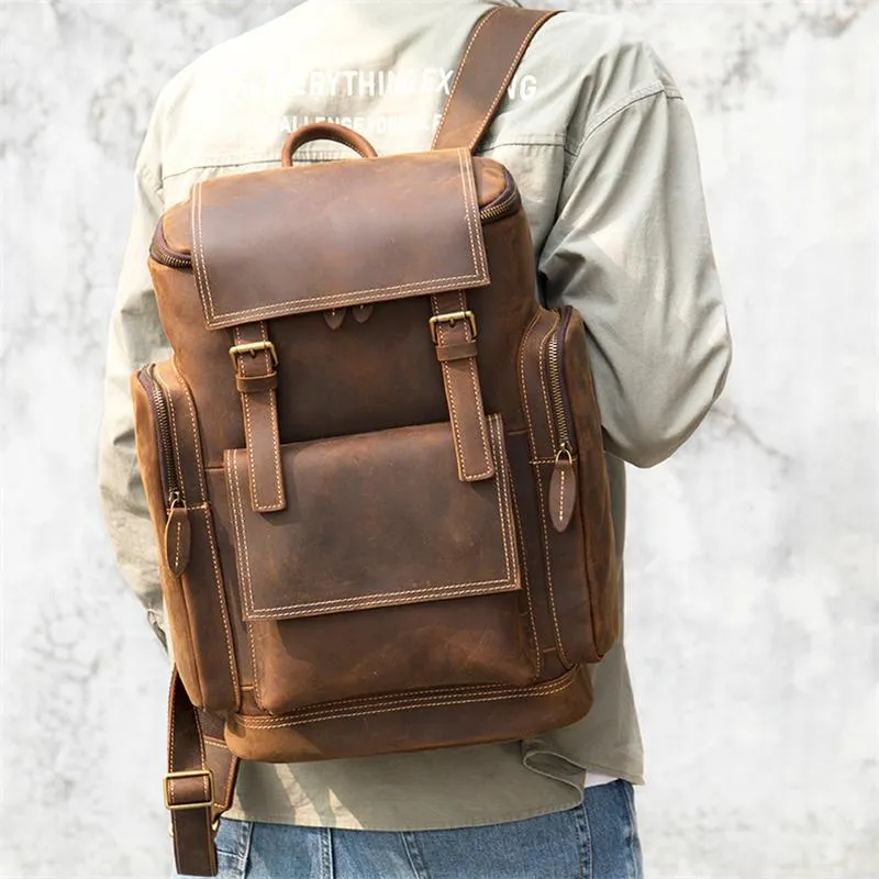 Mens Large Capacity Retro Leather Travelling School Durable Backpack