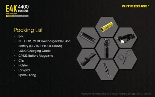 Nitecore E4K 4400 Lumen USB-C Rechargeable Flashlight 1 x 21700 Battery 4x CREE XP-L2 V6 LED