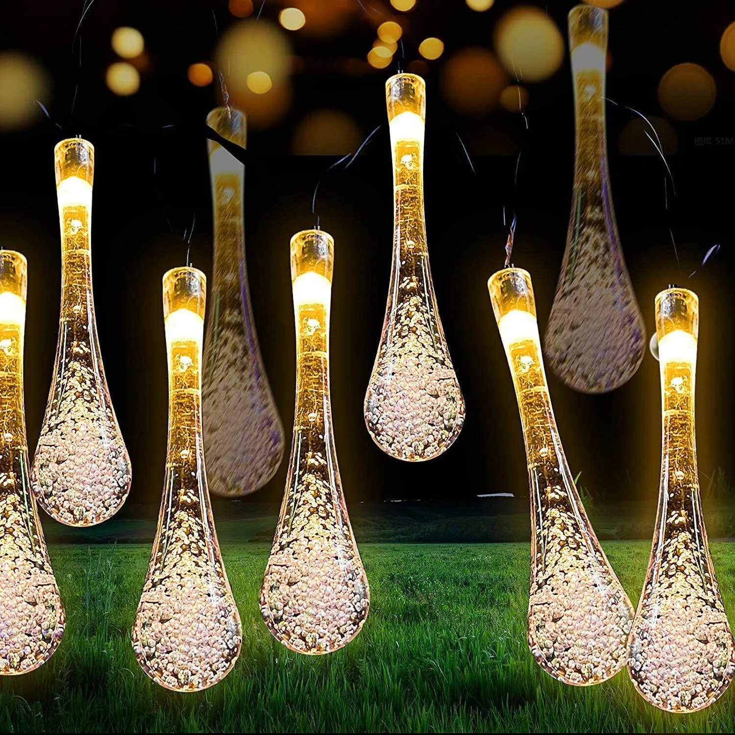 Raindrop Design Solar Powered Warm White Led String Lights