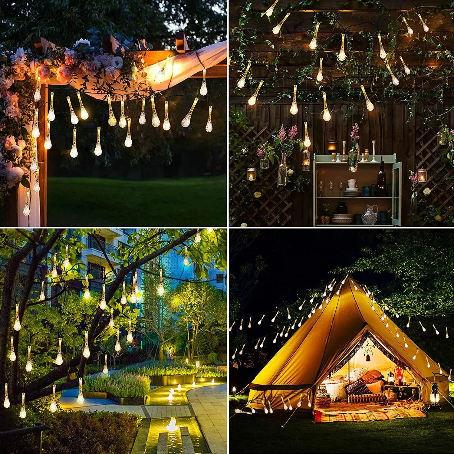 Raindrop Design Solar Powered Warm White Led String Lights