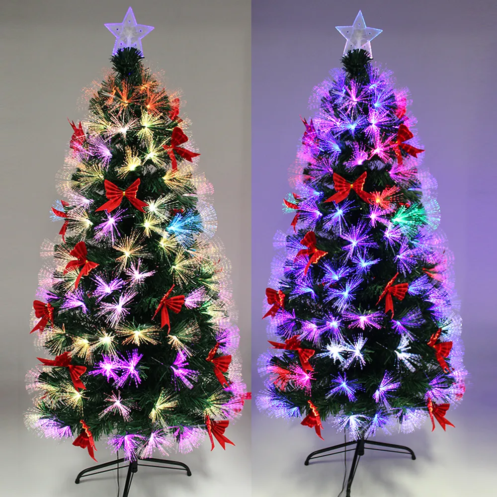 Red Bowknot Christmas Pre-Lit Fibre Optic Green Tree Multicolour Lights