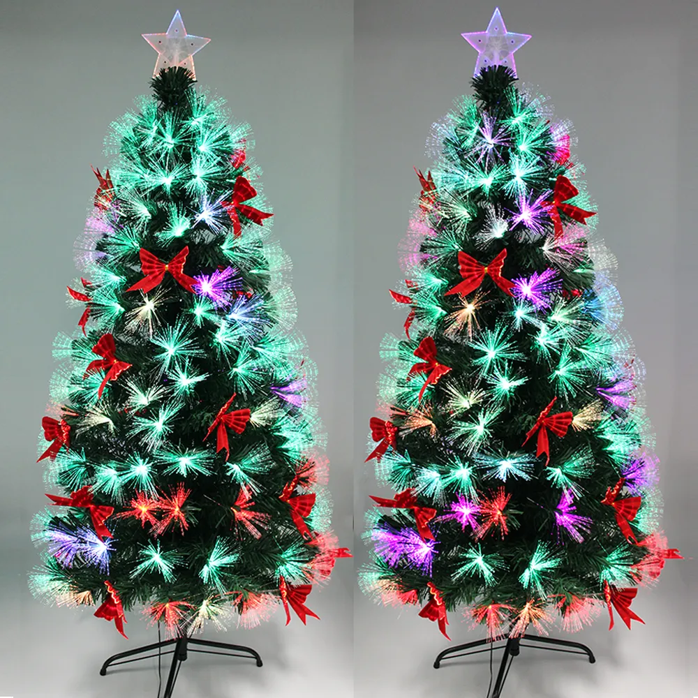 Red Bowknot Christmas Pre-Lit Fibre Optic Green Tree Multicolour Lights