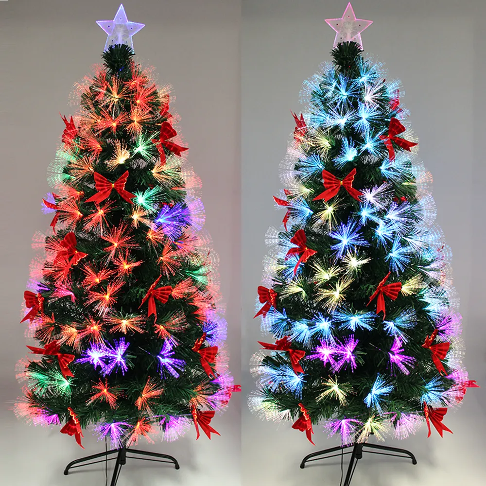 Red Bowknot Christmas Pre-Lit Fibre Optic Green Tree Multicolour Lights