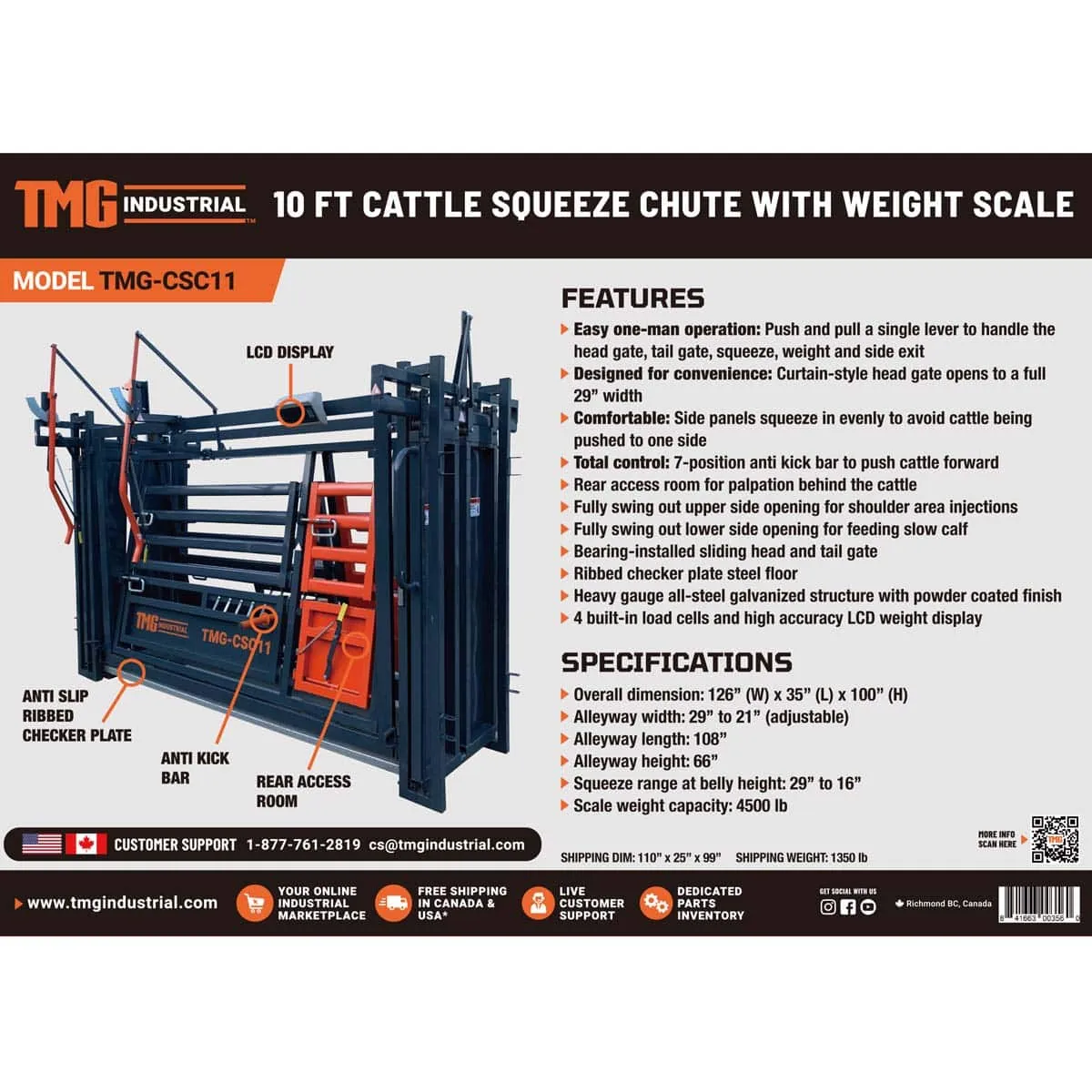 TMG Industrial 10’ Squeeze Cattle Work Chute 4500-lb Weight Scale, Side Exit, Side Squeeze, Upper/Lower Swing Openings, LCD Weight Display, TMG-CSC11