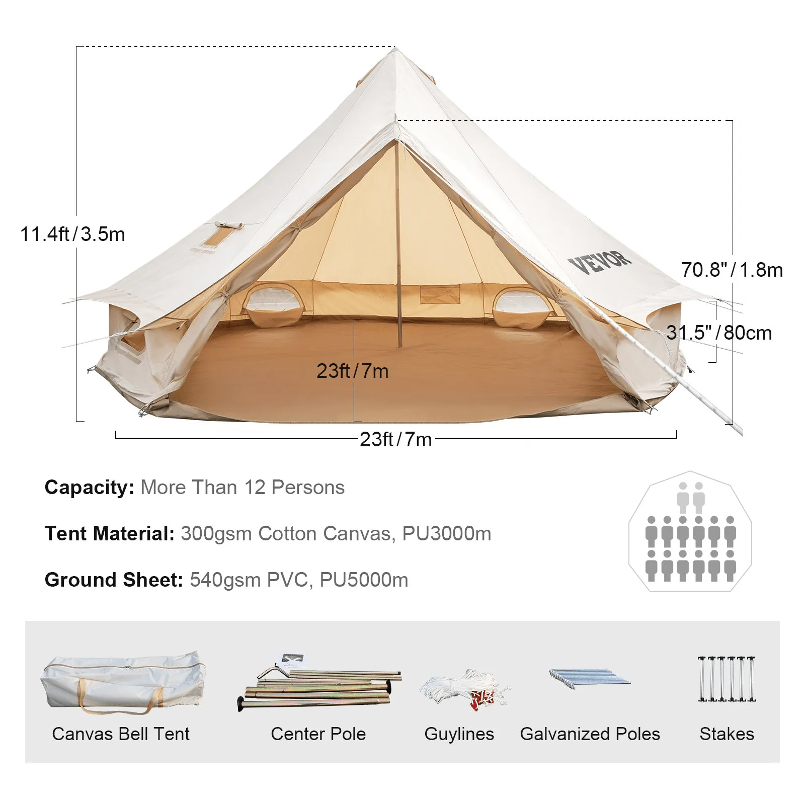 Vevor Bell Tent 23 ft/7m Yurt Cotton Canvas Waterproof With Stove Jack For 12 Or More People 4 Seasons