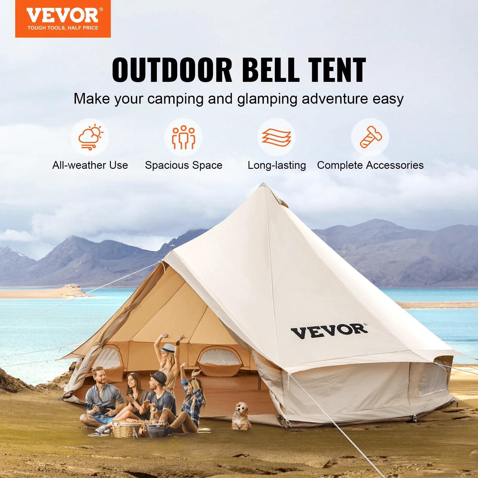 Vevor Bell Tent 23 ft/7m Yurt Cotton Canvas Waterproof With Stove Jack For 12 Or More People 4 Seasons